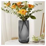 GarDream Modern Grey Glass Vase-11 Inch Tall Ribbed Glass Cylinder Vases for Flowers, Bouquet, Desk, Dining Table, Shelf, Decorative Flower Vase for Centerpieces, Home Decor, Living Room, Wedding