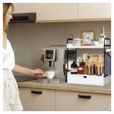 Coffee Station Organizer for Counter, Condiment Storage Caddy for Kitchen with Hooks and Bag,2 Tier Wooden Shelf for Coffee Bar Accessories,Coffee Bar Organizer for Kitchen, Home, Office-Brown