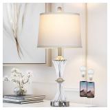 Rinweey Crystal Glass Table Lamp with USB C+A Ports & AC Outlet,White Clear Modern Bedroom Lamp,Silver Lamp for Living Room,Nightstand Lamp LED Bulbs Included,Single Silver