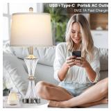 Rinweey Crystal Glass Table Lamp with USB C+A Ports & AC Outlet,White Clear Modern Bedroom Lamp,Silver Lamp for Living Room,Nightstand Lamp LED Bulbs Included,Single Silver