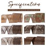 HUIHUANG Brown Wired Ribbon for Christmas Tree Pine Cone Ribbon Wired Brown Glitter Christmas Ribbons for Bows, Wreaths, Garland, Wrapping Crafts, Fall Decorations (2.5" x 6 Rolls, 36 Yds Total) - Ret