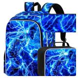 FTJCF 3Pcs Basketball Backpack for School, Kids Boys Lightning Bookbag with Lunch Box, 17" Backpacks for Elementary Preschool Kindergarten (Blue) - Retail: $27