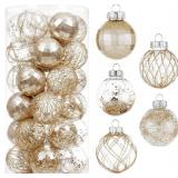 CristBest 30ct Christmas Ball Ornaments-60mm/2.36" Shatterproof Clear Plastic Xmas Balls Baubles Set with Stuffed Delicate Sparkling, Hanging Christmas Tree Decorations(Champagne Gold) - Retail: $24