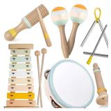 Baby Musical Instruments-Montessori Wooden Toys for Toddlers 1-3,Neutral Colors Percussion Instruments Set with Modern Boho Xylophone for Kids Preschool Educational 3+ - Retail: $27