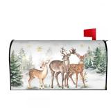 Winter Mailbox Cover 21" X 18" Deer Christmas Tree Magnetic Mailbox Wraps Standard Size Post Letter Box Cover for Outdoor Decoration Garden Decor - Retail: $10