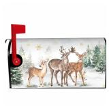 Winter Mailbox Cover 21" X 18" Deer Christmas Tree Magnetic Mailbox Wraps Standard Size Post Letter Box Cover for Outdoor Decoration Garden Decor - Retail: $10