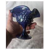 Iridescent Carnival Blue Glass Grape Compote