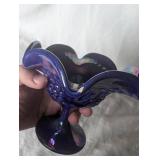 Iridescent Carnival Blue Glass Grape Compote