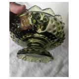 Green Glass Footed Candle Holder with Hobnail Pattern