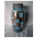 Blue Ball Mason Jar with Wooden Letter Blocks