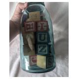 Blue Ball Mason Jar with Wooden Letter Blocks