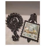 Japanese Cast Iron Eagle Trivet with Winter Scene Tile