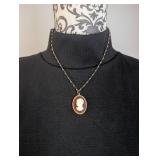 Brown and White Cameo Pendant Necklace with Beaded Chain