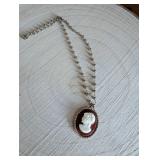Brown and White Cameo Pendant Necklace with Beaded Chain