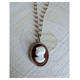 Brown and White Cameo Pendant Necklace with Beaded Chain