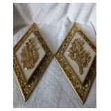 Syroco Gold Diamond Wall Plaques - Musical and Floral Motif - 13 in