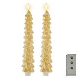 DN DECONATION Flameless Christmas Tree Candles with Remote, LED Christmas Flameless Taper Candles Battery Operated, Gold Tree Shaped Fake Candle Sticks for Xmas Table Decor Window Decorations 2PCS