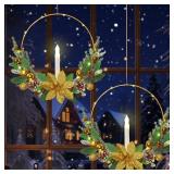Betylifoy 2 Pack Christmas Wreath for Front Door 17" Prelit Christmas Door Wreath with Candle Lights Gold Flowers Artificial Hoop Wreaths Outdoor Xmas Winter Wreath for Window Fireplace Holiday Decor 
