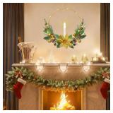 Betylifoy 2 Pack Christmas Wreath for Front Door 17" Prelit Christmas Door Wreath with Candle Lights Gold Flowers Artificial Hoop Wreaths Outdoor Xmas Winter Wreath for Window Fireplace Holiday Decor 