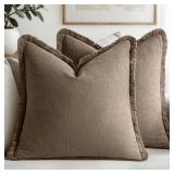 MIULEE Decorative Throw Pillow Covers Neutral Linen Fringe Throw Pillows Set of 2 Cocoa Brown Boho Farmhouse Cushion Covers for Couch Sofa Bed Living Room Spring Home Decor 20x20 Inch - Retail: $28