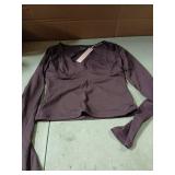 QINSEN V Neck Tops for Women Long Sleeve Crop Tops Double Lined Seamed Cup T Shirts Prune Purple S - Retail: $30