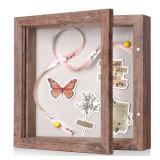 8x8 Shadow Box Frame with Linen Back - Sturdy Rustic Memory Display Case of Flower, Pictures, Medals and More, Rustic Brown - Retail: $14