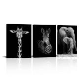 Visual Art Decor Black and White African Wildlife Canvas Wall Art Animal Zebra Giraffe Elephant Portrait Picture Poster Artwork for Home Living Room Bedroom Room Kids Room Office Wall Decoration Ready