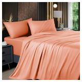 Shilucheng 4 Piece Queen Sheet Sets, Cooling Sheets, Blend Rayon Derived from Bamboo, Deep Pocket Up to 16", Breathable & Soft Bed Sheets, Hotel Silky Bedding Set, Coral - Retail: $37