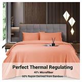 Shilucheng 4 Piece Queen Sheet Sets, Cooling Sheets, Blend Rayon Derived from Bamboo, Deep Pocket Up to 16", Breathable & Soft Bed Sheets, Hotel Silky Bedding Set, Coral - Retail: $37
