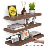 BAYKA Floating Shelves for Wall, Wall Mounted Rustic Wood Shelves for Bathroom, Bedroom, Living Room, Kitchen,Small Hanging Shelf for Books/Storage/Room Decor (Walnut-Like, Set of 3, 15.7in) - Retail: