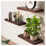 BAYKA Floating Shelves for Wall, Wall Mounted Rustic Wood Shelves for Bathroom, Bedroom, Living Room, Kitchen,Small Hanging Shelf for Books/Storage/Room Decor (Walnut-Like, Set of 3, 15.7in) - Retail: