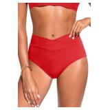 Women V Cut Bikini Bottoms - High Waisted Full Coverage Swimsuits Cross Front Bathing Suit Bottoms 2026 Red S - Retail: $20