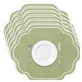 Breling Set of 6 Wedding Placemats Scalloped Embroidered Cotton Linen Placemats 17" x 13" Double Layered Machine Washable Table Place Mat for Party Table Decor(Sage Green) - Retail: $27