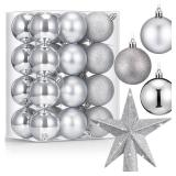 RoundFunny 25 Pcs Mini Christmas Balls Ornaments Set 2.36 Inch Christmas Day Ball Topper Star Tree Hanging Ornaments for Party Decoration(Silver) - Retail: $16