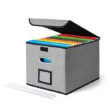 CADONO File Organizer Box with Lid, Large Hanging File Folder Organizer with Plastic Slide, Collapsible Portable Filing Storage Boxes for Office/Decor/Home (Grey, 14.9 x 12.59 x 10.8 inch) - Retail: $