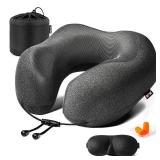 MLVOC Neck Pillow for Traveling, Upgraded 100% Pure Memory Foam Travel Neck Pillow for Airplane Flight Sleep, Breathable & Machine Washable Cover, Travel Kit with 3D Eye Mask, Earplugs & Bag, Black - 