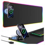RGB Gaming Mouse Pad Wireless Charging Desk Mat with Foldable Phone Stand, Large LED Gaming Mat 800x350x4mm, 15 Light Modes, Waterproof, Keyboard Pad for PC Computer, Includes 20W PD Power Adapter Tes