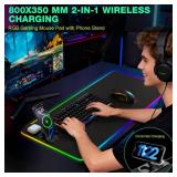 RGB Gaming Mouse Pad Wireless Charging Desk Mat with Foldable Phone Stand, Large LED Gaming Mat 800x350x4mm, 15 Light Modes, Waterproof, Keyboard Pad for PC Computer, Includes 20W PD Power Adapter Tes