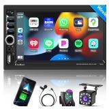 Wireless Apple CarPlay Double Din,7" Car Bluetooth 5.2,FM Car Radio,IPS 1024*600 Touch Screen Car Stereo,Backup Camera,Android Auto,DSP Subwoofer,USB,SWC,MIC,Car Audio Receiver,Car Play,178*100mm,180W