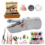 Handheld Sewing Machine with Exquisite Wooden Storage Box & 142-Piece Sewing Kit - Electric Switch, Dual Power Supply, Assorted Needles, Threads, Heavy Duty Scissors - Meets All Household Sewing Needs