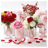 Ninehaoou 6 Pcs (H:7" W:4") Embossed Flower Vase Pedestal Glass Vase Big Base Thickened Crystal Vintage Vases for Valentines Day Wedding Home Decor Table Centerpiece House Warming Gifts(Pink)