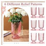 Ninehaoou 6 Pcs (H:7" W:4") Embossed Flower Vase Pedestal Glass Vase Big Base Thickened Crystal Vintage Vases for Valentines Day Wedding Home Decor Table Centerpiece House Warming Gifts(Pink)