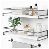 Forbena White Floating Shelves for Bathroom Organizer Over Toilet, Bathroom Shelves Wall Mounted with Towel Rack, Corner Wall Shelf for Bedroom Decor Kitchen Storage (White-Dark Grey, Set of 2) - Reta