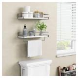 Forbena White Floating Shelves for Bathroom Organizer Over Toilet, Bathroom Shelves Wall Mounted with Towel Rack, Corner Wall Shelf for Bedroom Decor Kitchen Storage (White-Dark Grey, Set of 2) - Reta