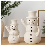 FoldTier 2 Pcs Winter Snowman Figurines Rustic Snowman Decorations Farmhouse Christmas Table Centerpieces Decorative White Clay Decor for Holiday Xmas Home Table Room Kitchen