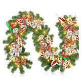 Jutom Christmas Garland 6ft Pre Lit Christmas Elf Garland with Red and Green Ball Bows Lights Peppermint Candy Christmas Decoration for Xmas for Mantle for Front Door Fireplace Table Home Decor - Reta
