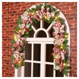 Jutom Christmas Garland 6ft Pre Lit Christmas Elf Garland with Red and Green Ball Bows Lights Peppermint Candy Christmas Decoration for Xmas for Mantle for Front Door Fireplace Table Home Decor - Reta