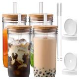 DWTS DANWEITESI Glass Cups with Lids and Straws,24 oz Smoothie Cup with Lid and Straw-Boba Mason Jar,Matcha Cup Wide Mouth Reusable Drinking Glasses,Iced Coffee Cups Glass,Vasos De Vidrio 4 Pack - Ret