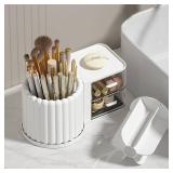 Anyoifax 360 Rotating Makeup Brush Holder 7 Slots Makeup Organizer with Drawer Removable Spinning Cosmetic Storage Pen Holder for Vanity, Dresser, Desk, White - Retail: $17