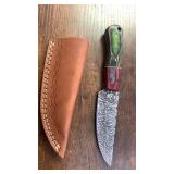 Handcrafted Damascus Steel Full Tang Blade Knife with Leather Sheath approx 8 inches Hunting Fishing Skinner